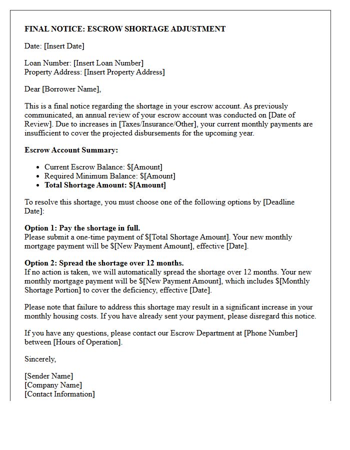 Final Notice Escrow Shortage Adjustment Letter