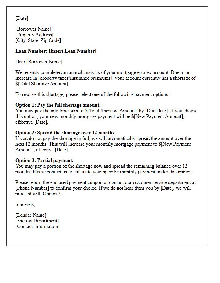 Mortgage Escrow Shortage Payment Option Letter