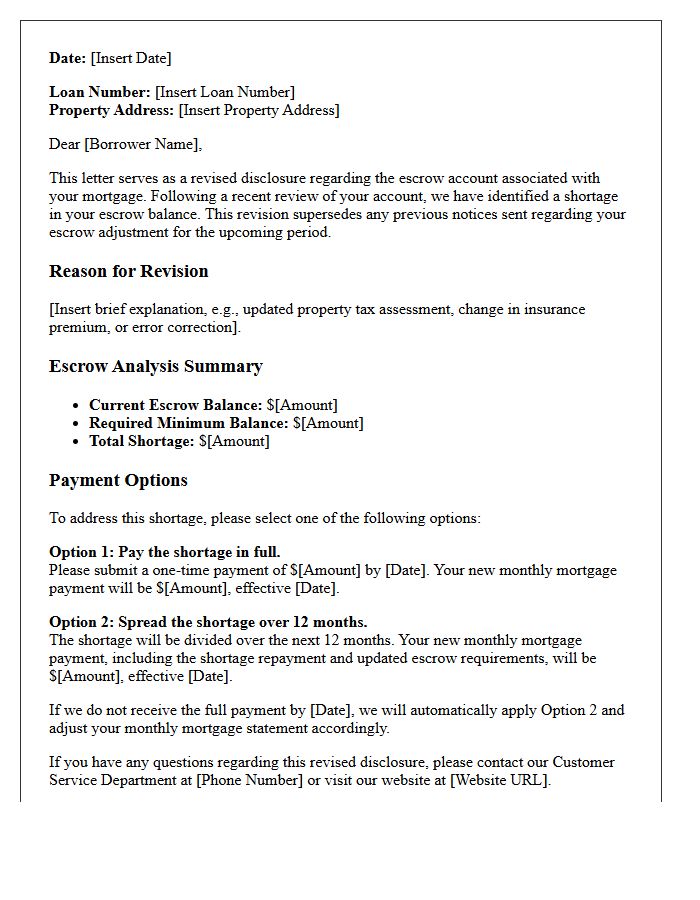 Revised Escrow Shortage Adjustment Disclosure Letter