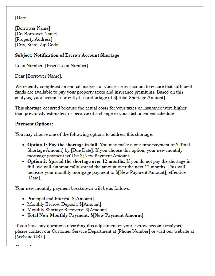 Standard Escrow Shortage Adjustment Notification Letter