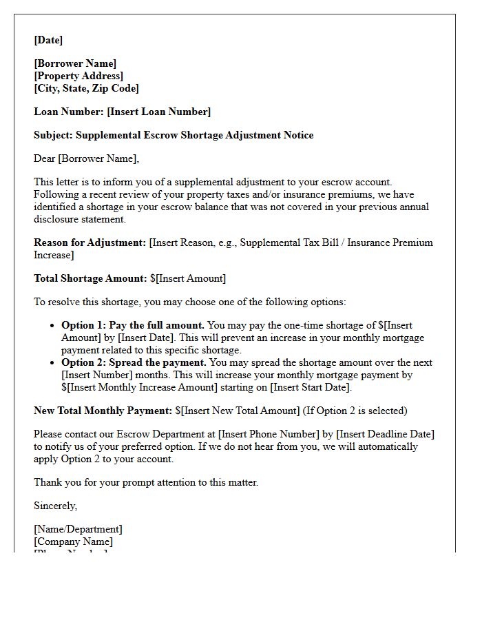 Supplemental Escrow Shortage Adjustment Letter