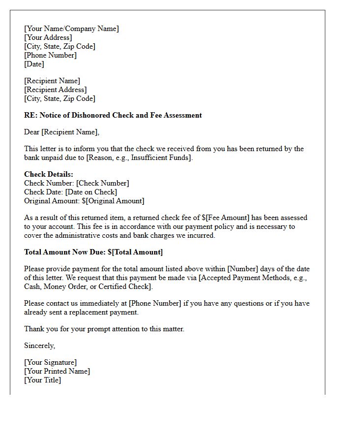 Bounced Check Fee Assessment Letter