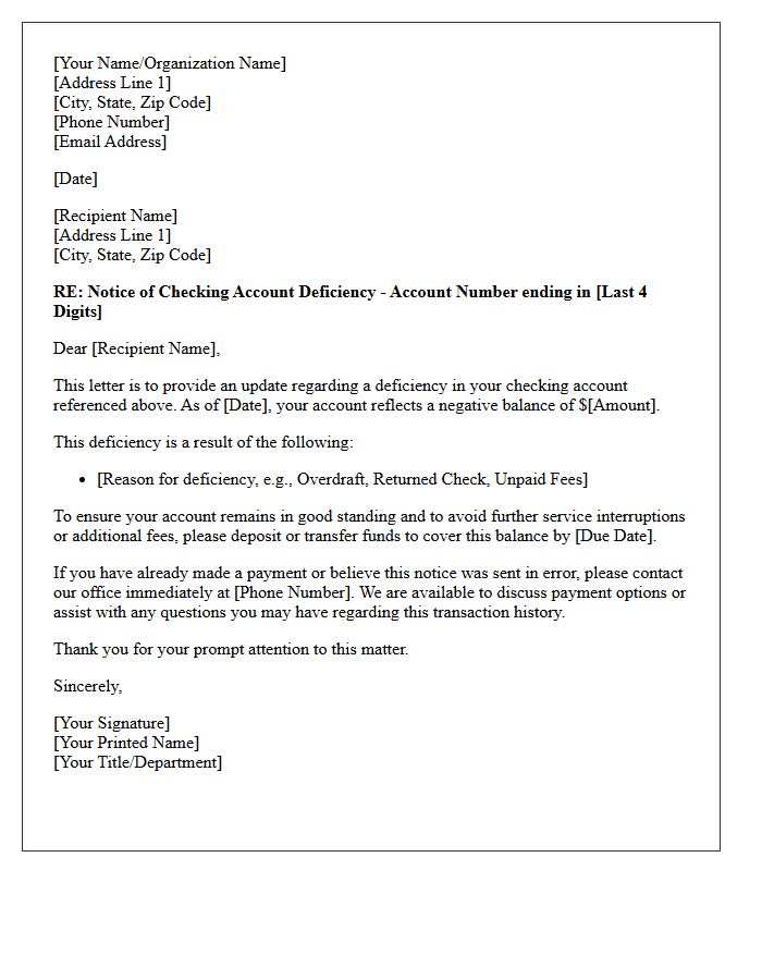 Checking Account Deficiency Update Letter