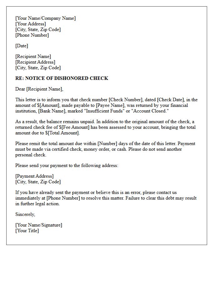 Dishonored Check Notification Letter