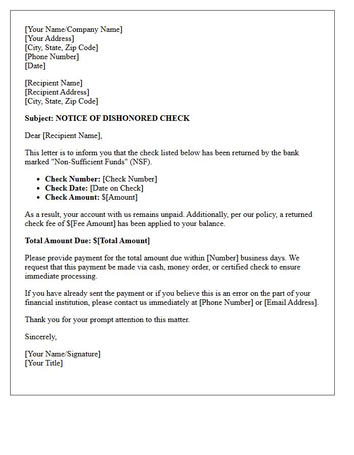 Non-Sufficient Funds Alert Letter