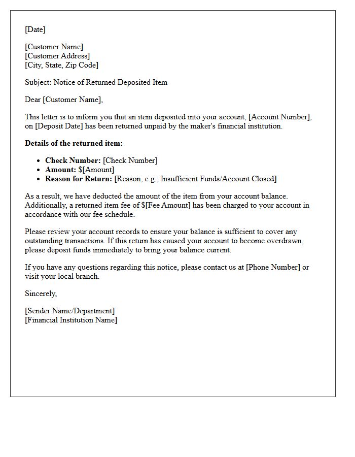 Returned Deposited Item Advisory Letter