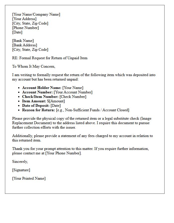 Unpaid Item Return Bank Letter
