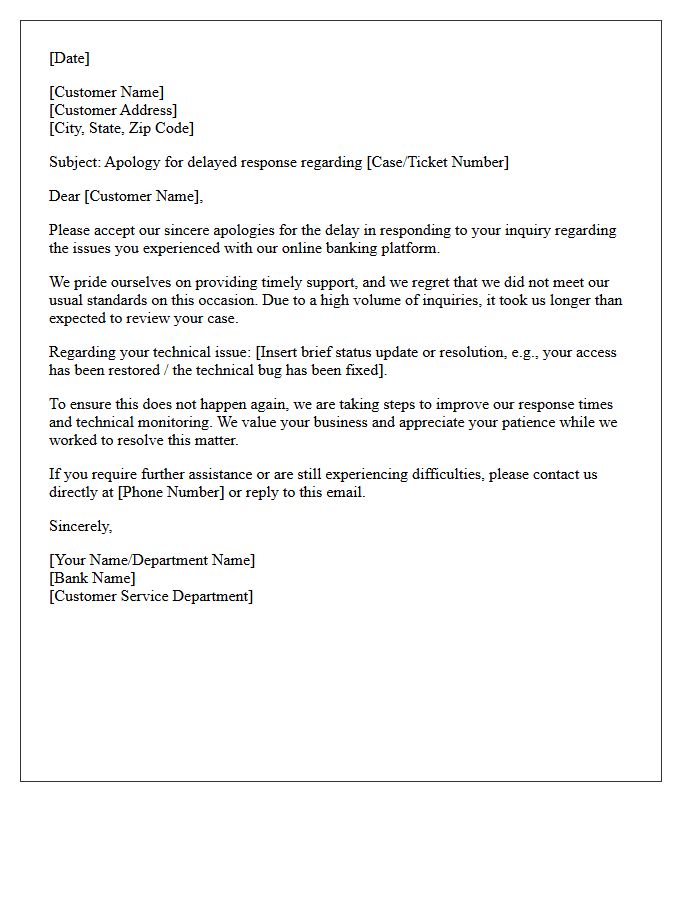 Apology Letter for Delayed Bank Customer Service Response to Online Banking Issue