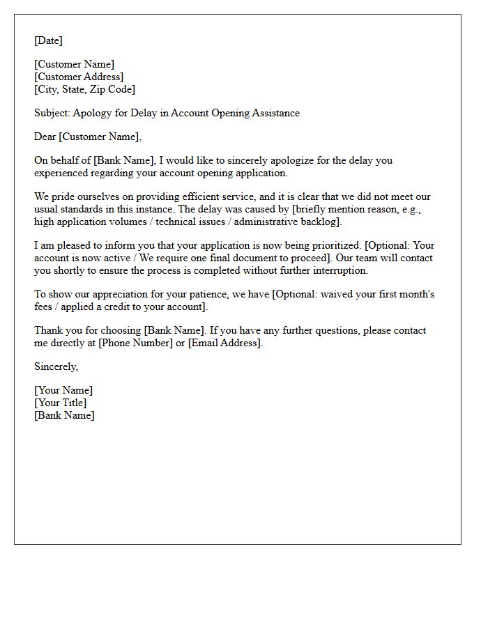 Bank Customer Service Apology Letter for Delayed Account Opening Assistance