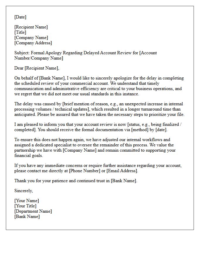 Commercial Banking Apology Letter for Delayed Customer Service Account Review