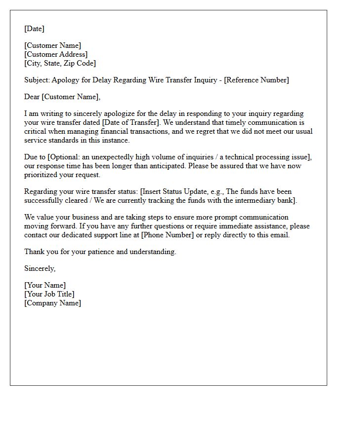 Delayed Customer Service Response Apology Letter for Wire Transfer Inquiry