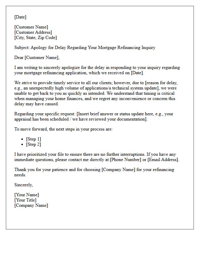 Delayed Response Apology Letter for Mortgage Refinancing Customer Service Inquiry