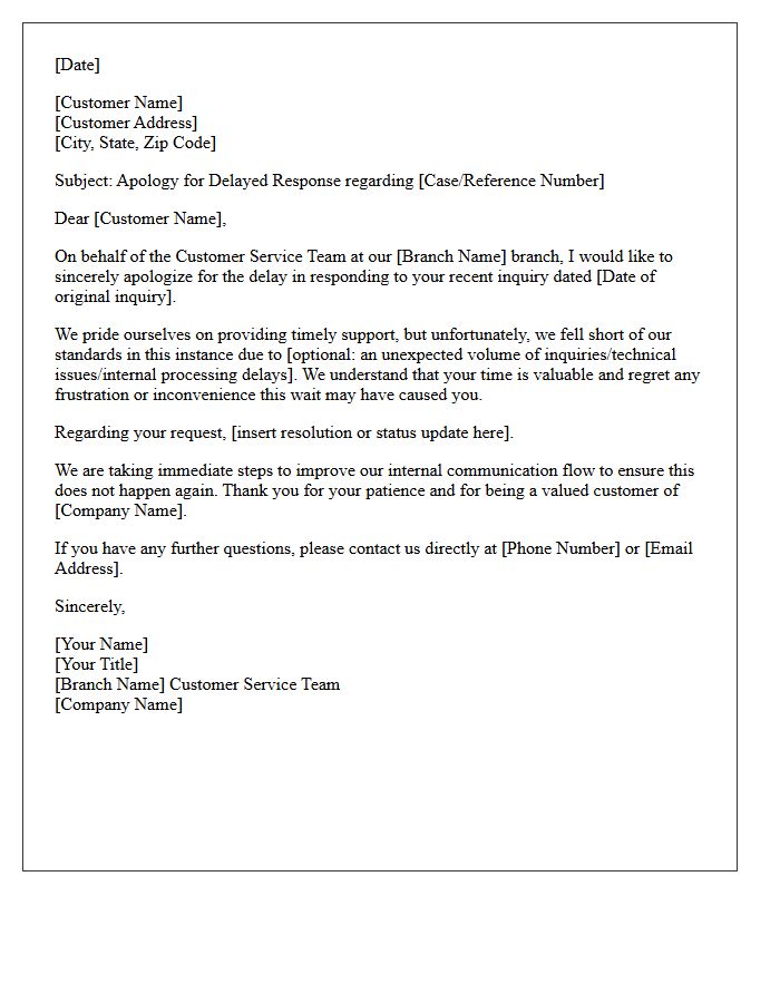 Letter of Apology for Delayed Communication From Branch Customer Service Team