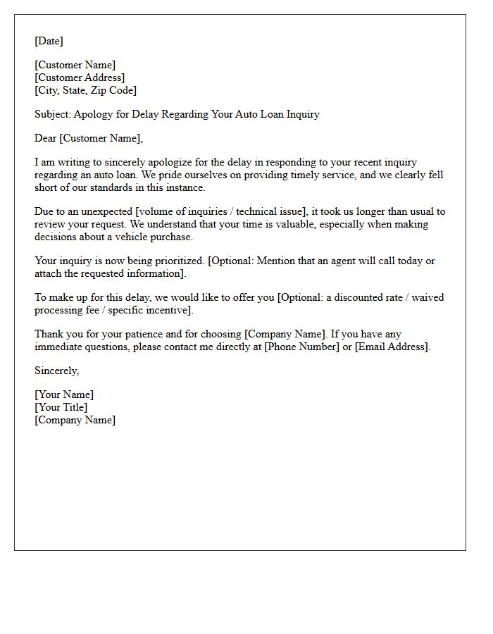 Letter of Apology for Delayed Customer Service Response to Auto Loan Inquiry