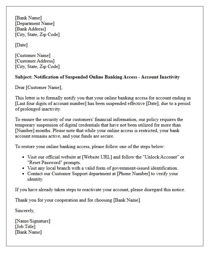 Formal Letter Regarding Notification Of Suspended Online Banking Access Due To Account Inactivity