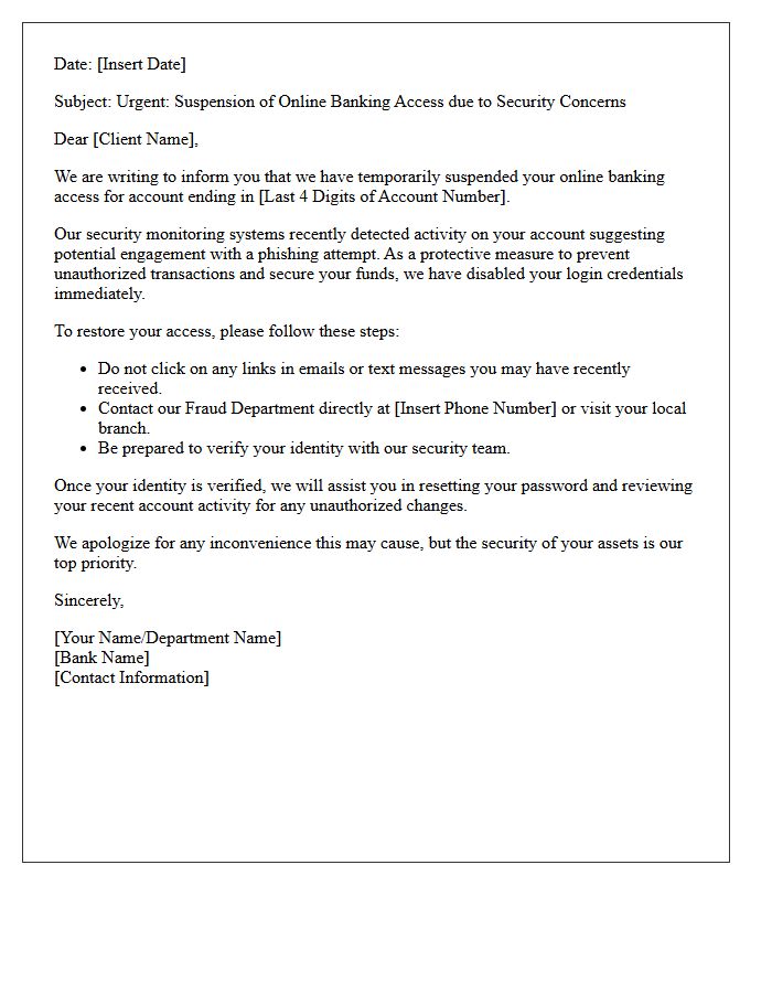 Letter Informing Client Of Suspended Online Banking Access Following Suspected Phishing Engagement