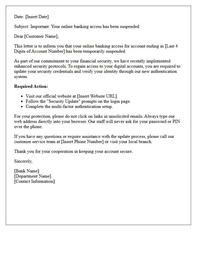 Letter Notifying Customer Of Suspended Online Banking Access Requiring Security Protocol Update
