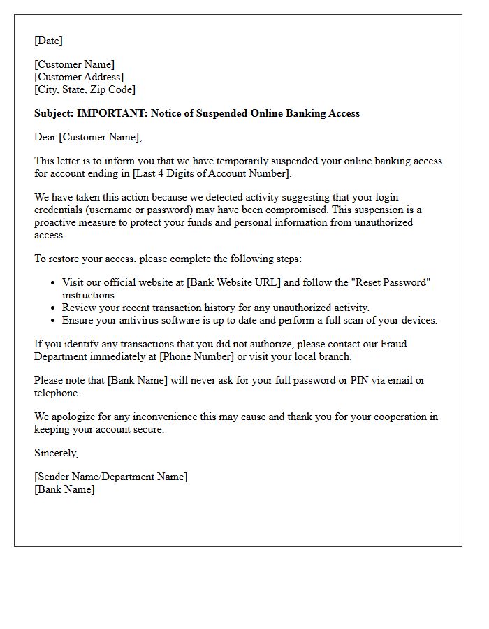 Letter Of Notification About Suspended Online Banking Access Due To Compromised Account Credentials
