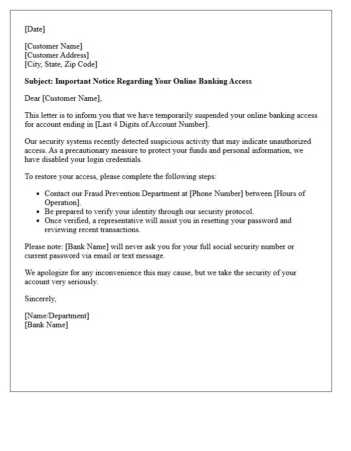 Letter Regarding Notification Of Suspended Online Banking Access Due To Suspicious Activity