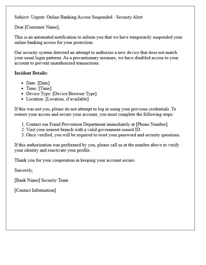 Notification Letter For Suspended Online Banking Access Following Unrecognized Device Authorization