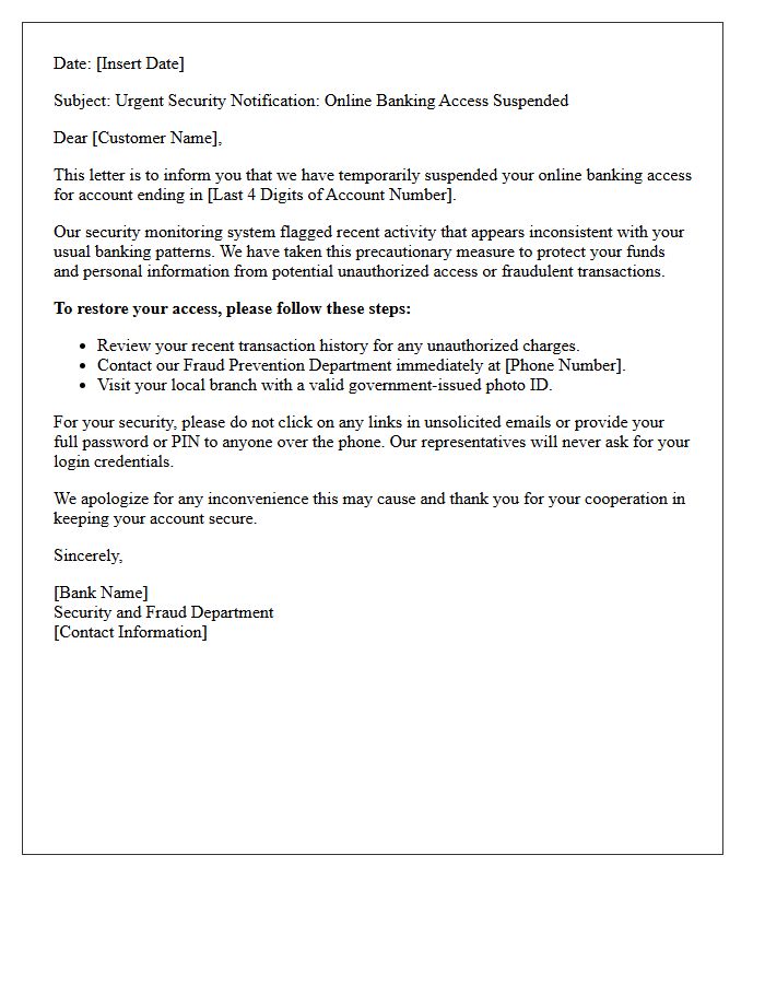 Notification Letter Of Suspended Online Banking Access For Suspected Fraudulent Transactions