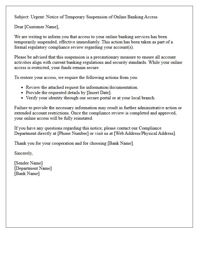 Notification Letter Regarding Suspended Online Banking Access Pending Regulatory Compliance Review