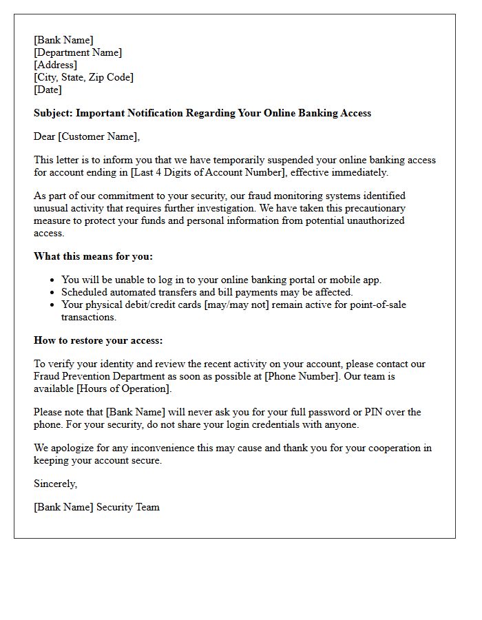 Standard Letter Of Notification For Suspended Online Banking Access During Fraud Investigation