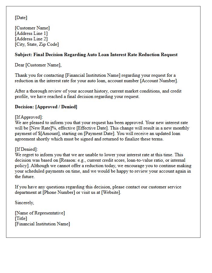 Final Decision Letter Regarding Auto Loan Interest Rate Reduction