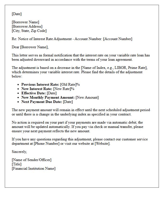 Letter of Adjustment for Variable Loan Interest Rate Reduction