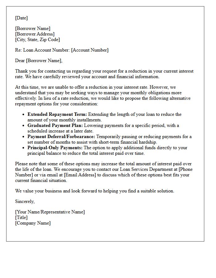 Letter Providing Alternative Repayment Options in Lieu of Rate Reduction