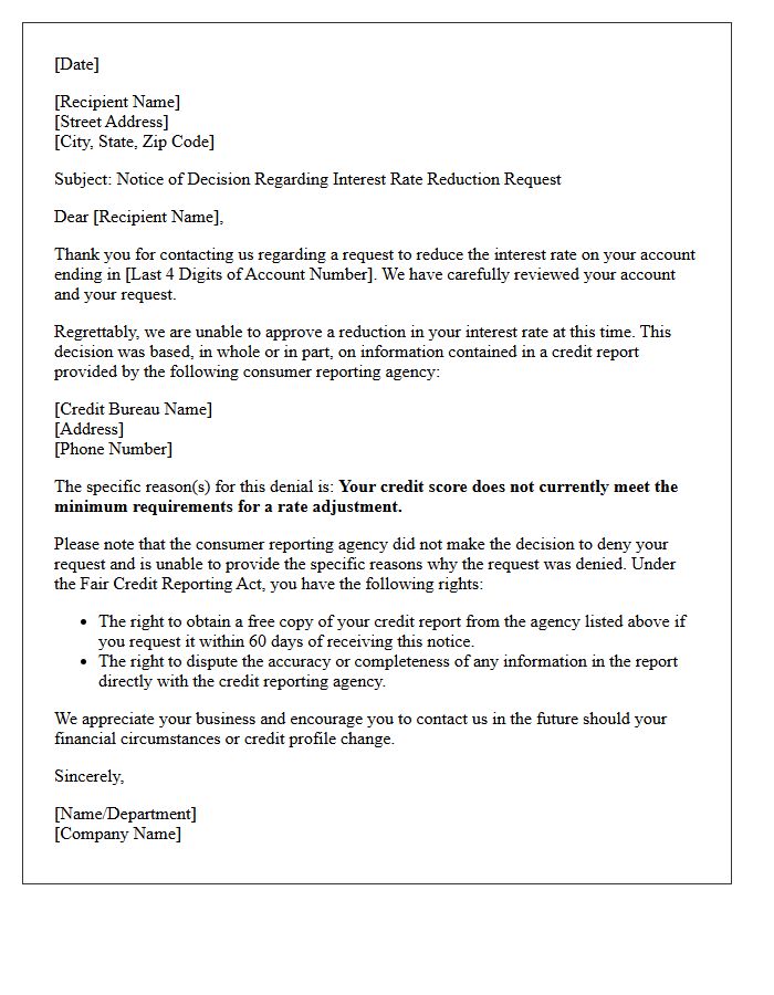 Notice Letter of Interest Rate Reduction Denial Due to Credit Score