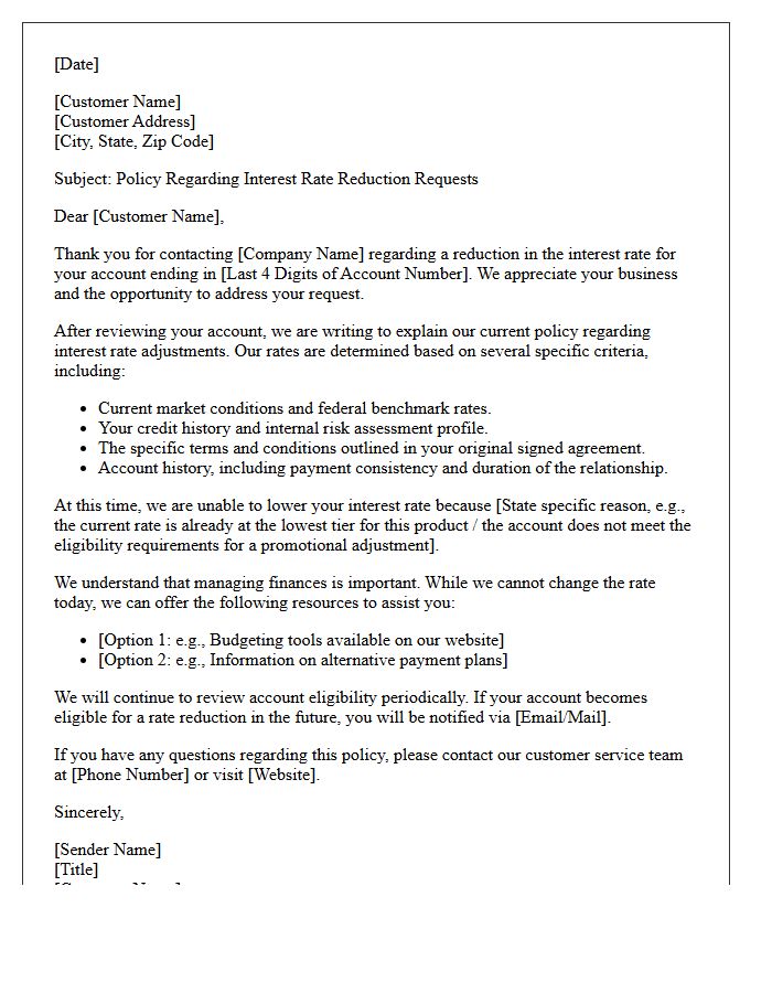 Policy Explanation Letter for Interest Rate Reduction Requests