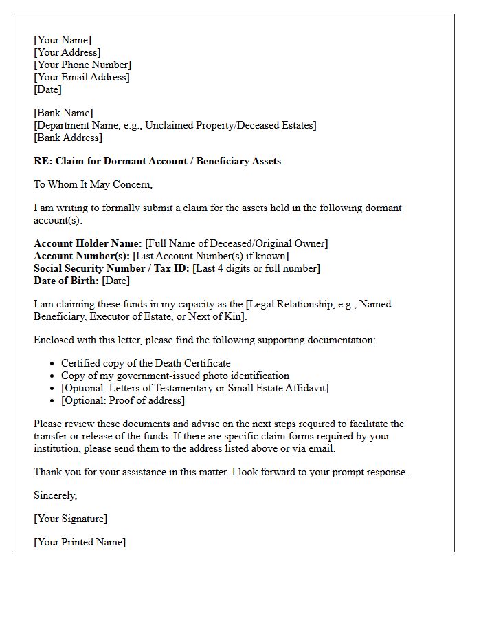 Beneficiary Claim Letter for Dormant Banking Assets