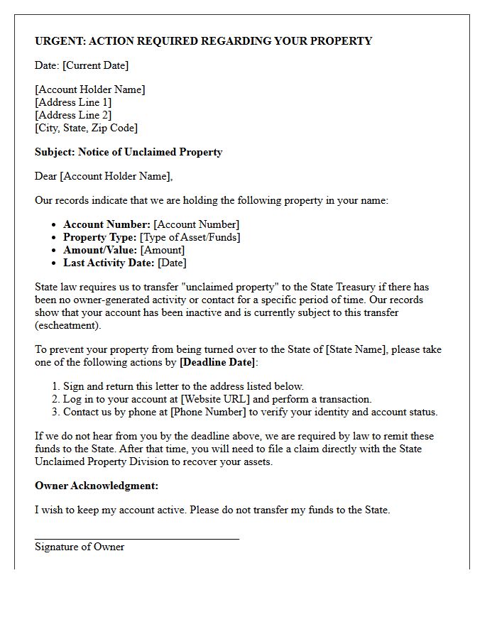 Escheatment Due Diligence Letter to Account Holder