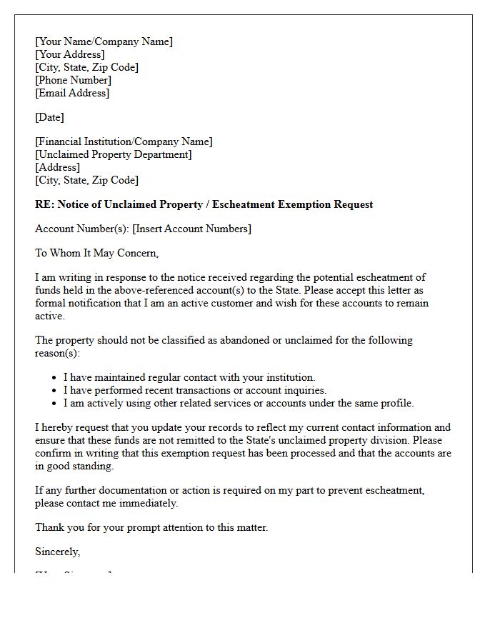 Escheatment Exemption Request Letter for Active Customers