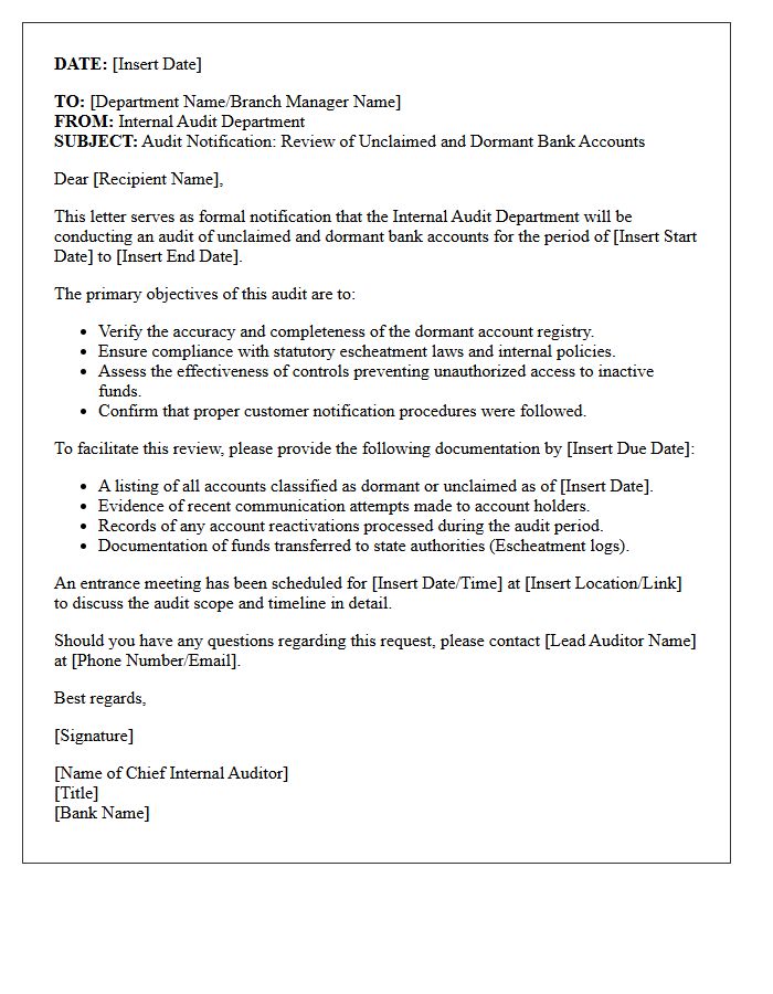 Internal Audit Letter for Unclaimed Bank Accounts