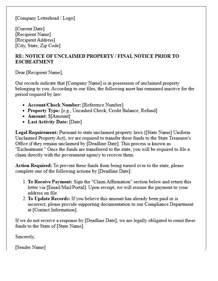 Legal Compliance Letter for Escheatment Operations
