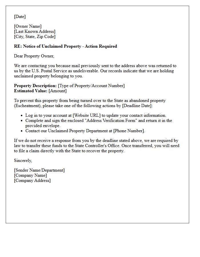 Returned Mail Letter for Unclaimed Property Tracking