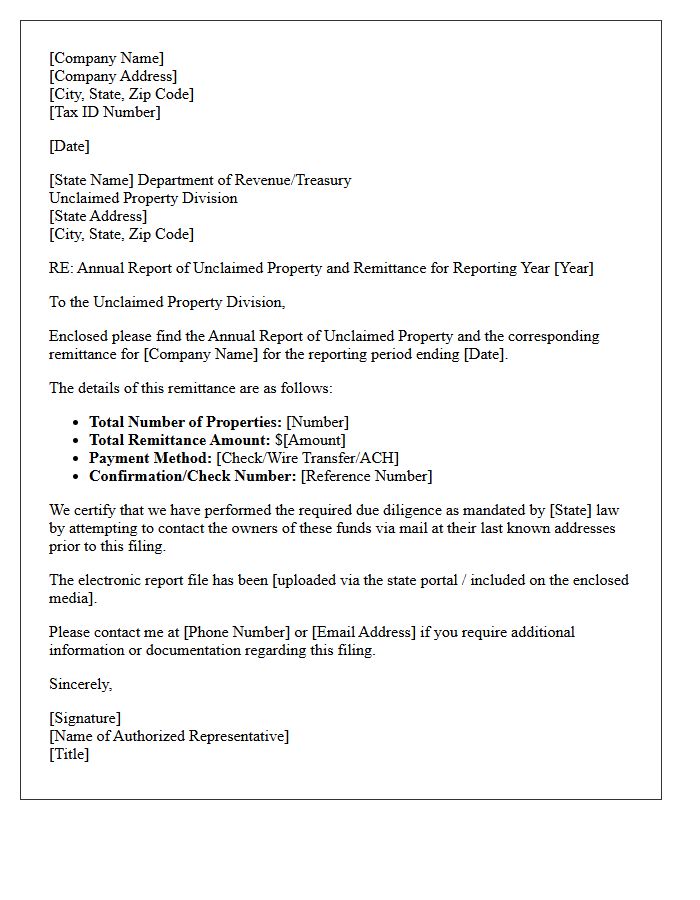 State Remittance Letter for Escheated Funds
