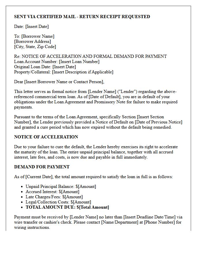 Acceleration Demand Letter for Commercial Term Loan