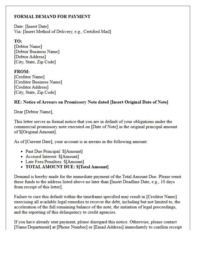 Demand Letter for Commercial Promissory Note Arrears