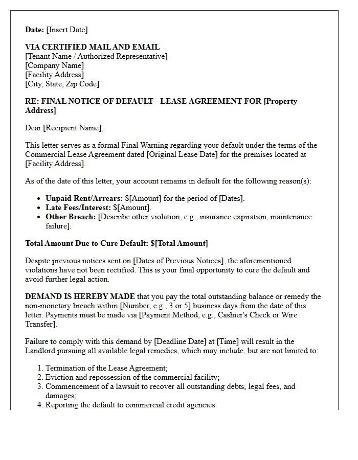 Final Warning Demand Letter for Commercial Facility Default
