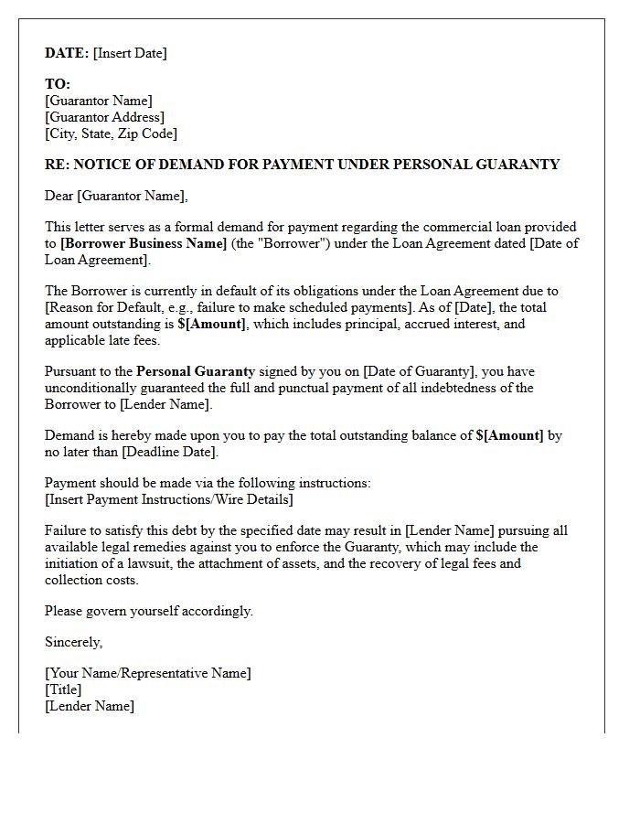 Guarantor Demand Letter for Commercial Loan Default