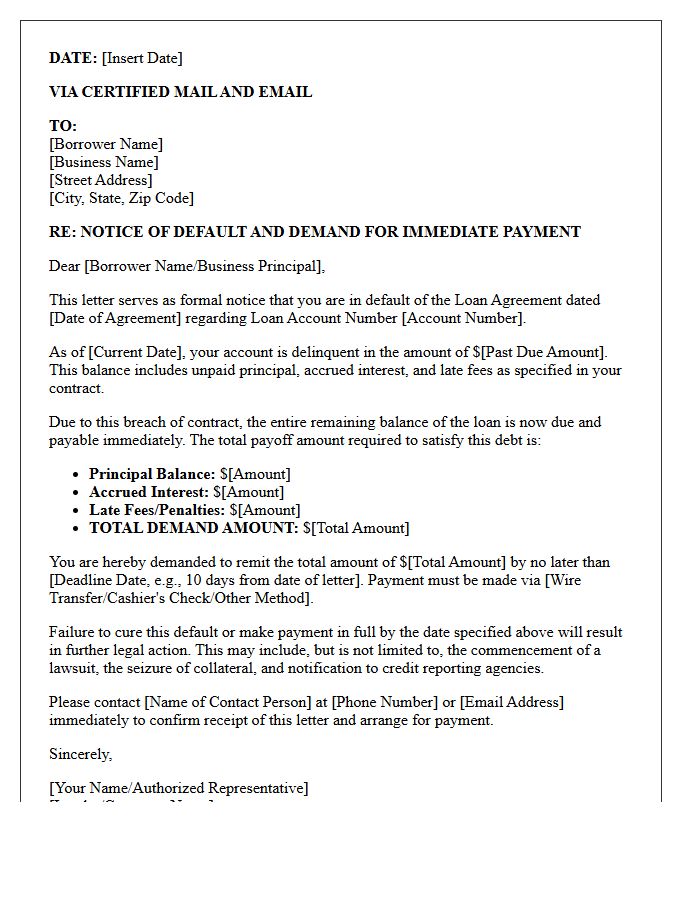 Immediate Demand Letter for Small Business Loan Default
