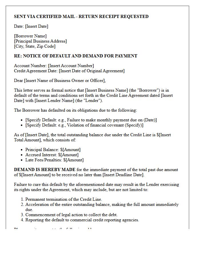 Notice of Default and Demand Letter for Business Credit Line