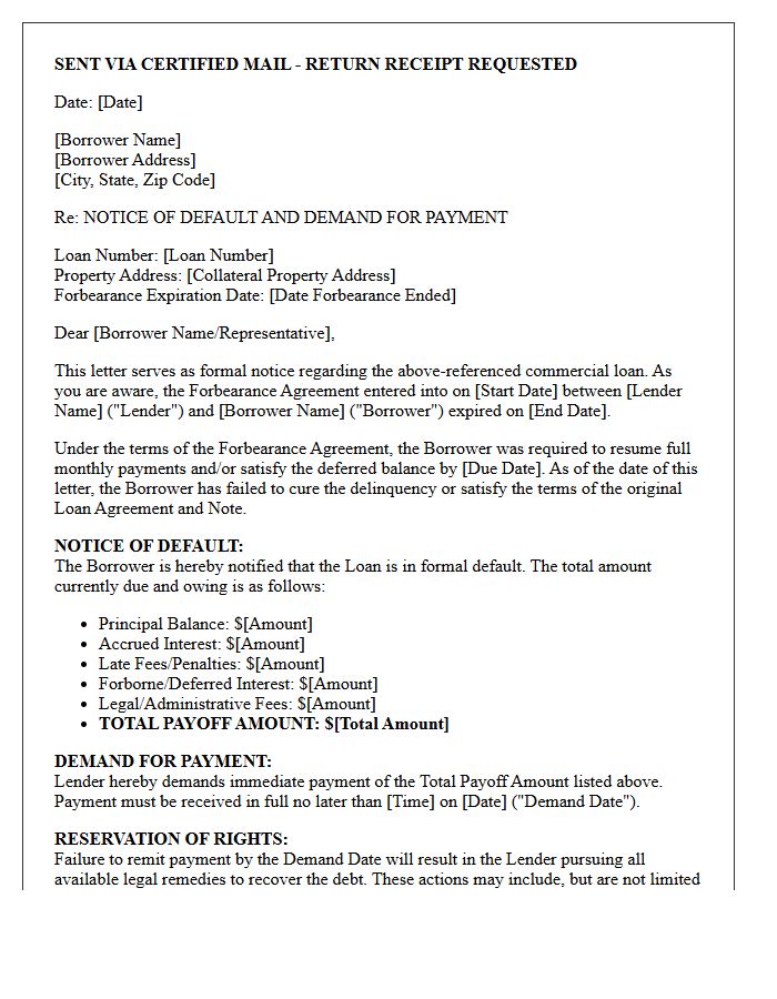 Post-Forbearance Demand Letter for Commercial Loan Default