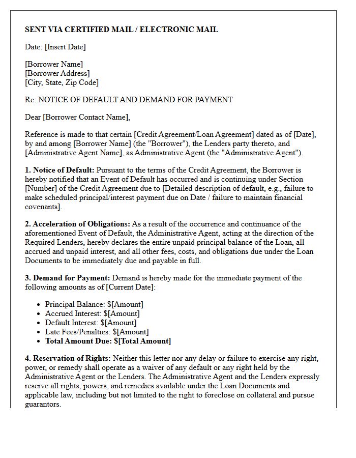 Syndicated Commercial Loan Default Demand Letter