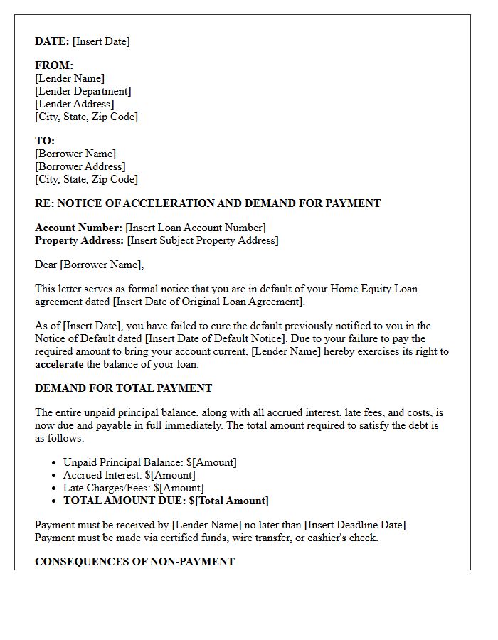 Home Equity Loan Acceleration Demand Letter