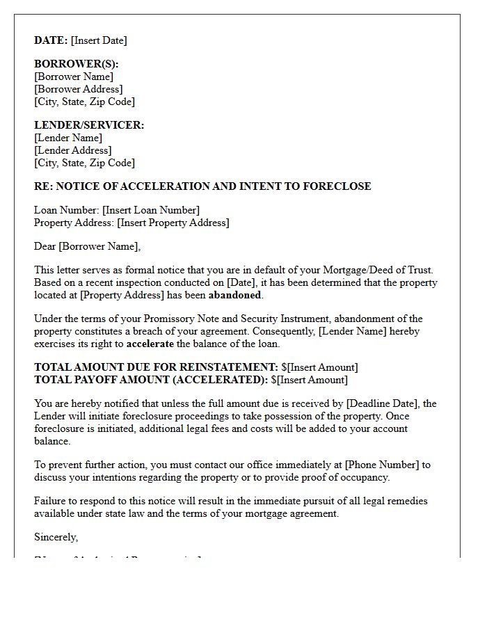 Property Abandonment Mortgage Acceleration Letter