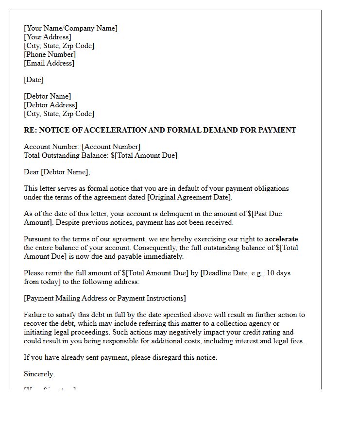 Account Acceleration and Debt Demand Letter
